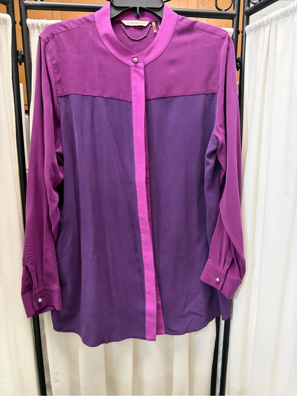 Soft Surroundings 100% Silk Two-Tone Purple Button-Front Blouse